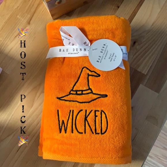 RAE DUNN “WICKED” 2 PC ORANGE HAND TOWELS - Picture 1 of 7
